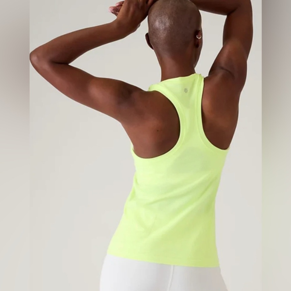 Athleta Neon Momentum Seamless yellow-green Racerback striped Tank Top sz L - Picture 2 of 6
